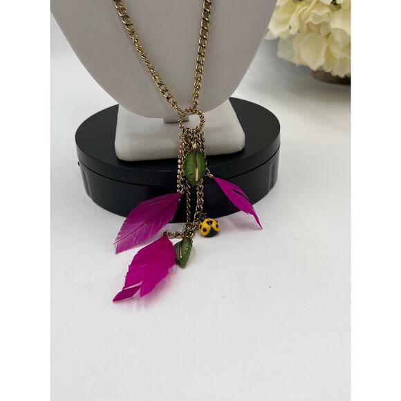 Betsey Johnson HAWAIIAN LUAU Ladybug Leaf & Pink Feather Y Necklace - Picture 2 of 9